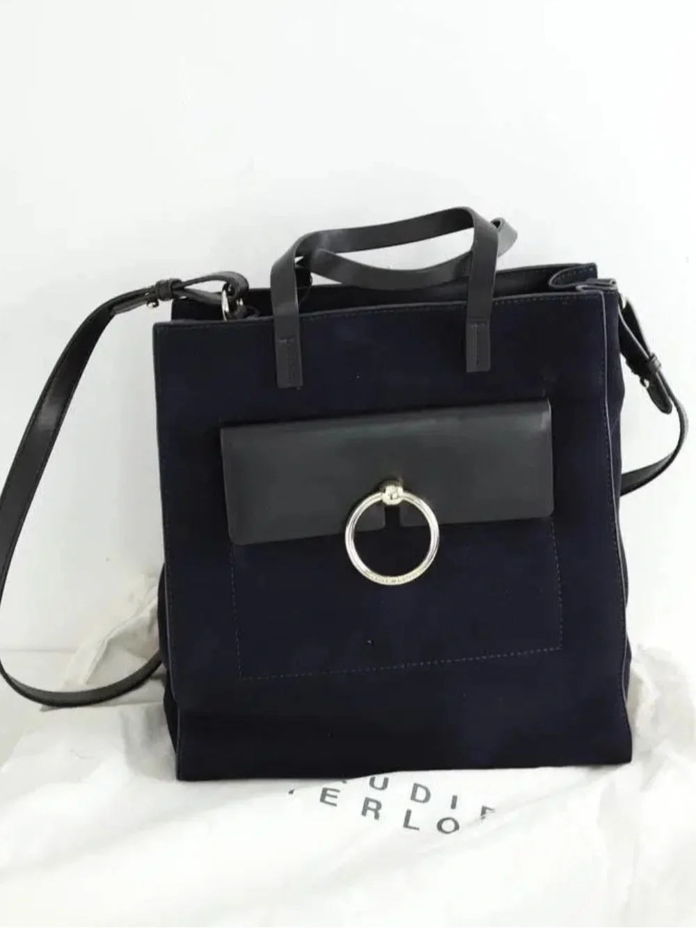 Claudie Pierlot Suede Cross Body Bag with Ring Accent - Navy